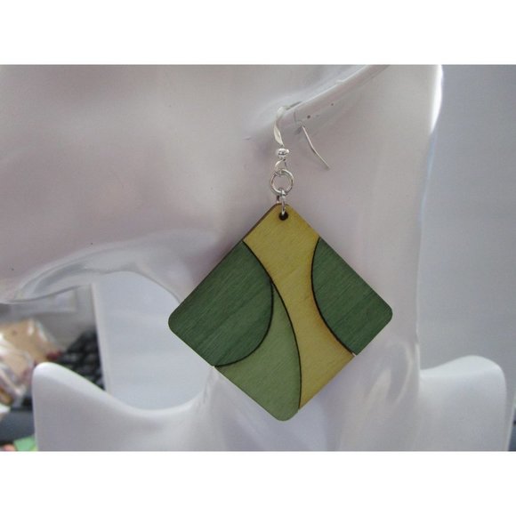 Green, yellow and khaki square wooden earring hobo earring - stainless steel - Picture 4 of 6